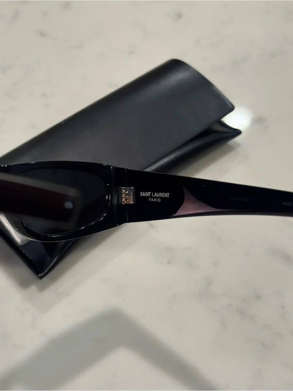 Saint Laurent Glossy Black Rectangular Sunglasses with Gold YSL Logo